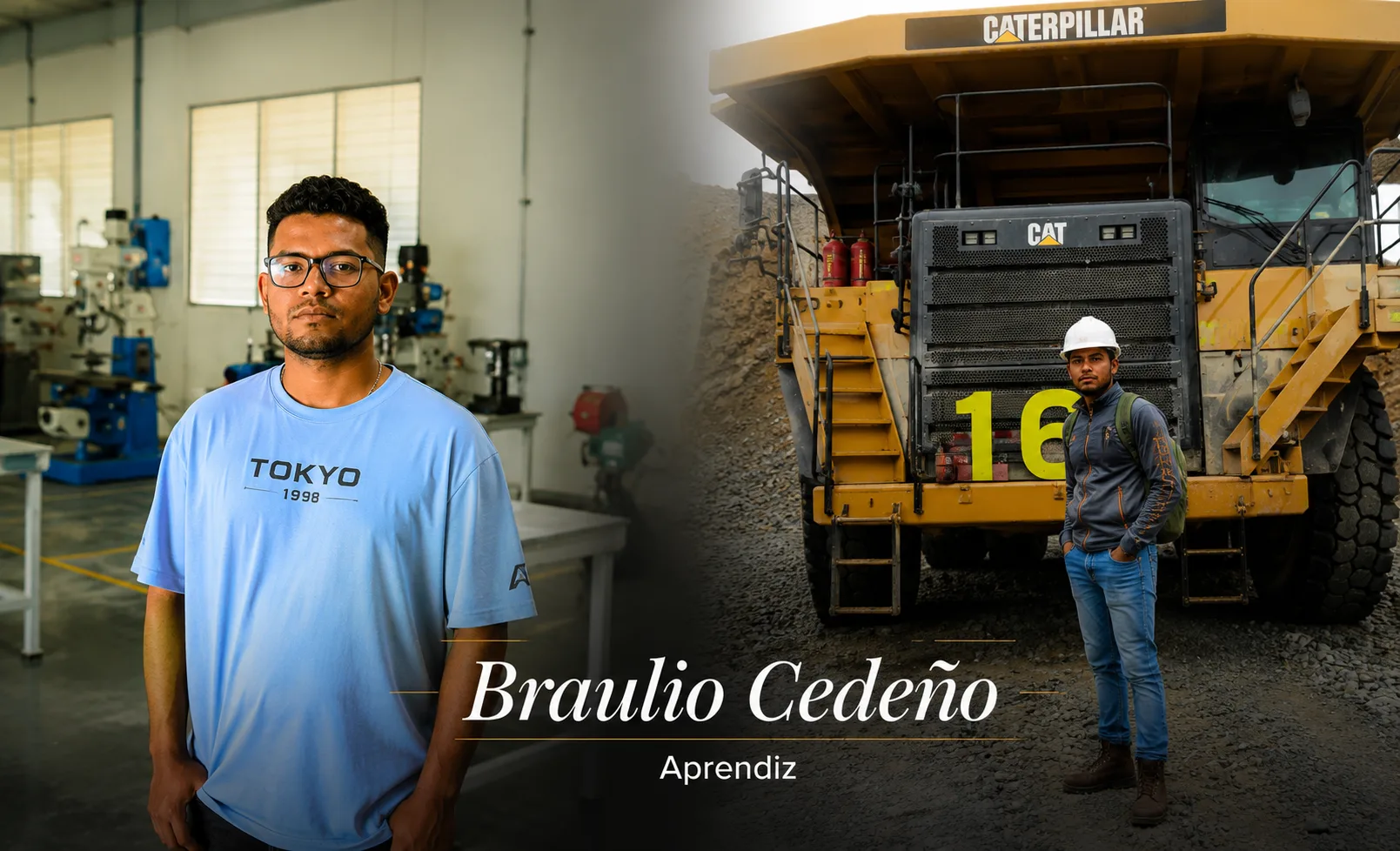 Braulio Cedeño, aprendiz del programa de formación, junto a equipo minero